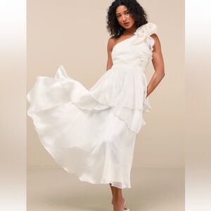 Lulu's Cream Satin Ruffle Dress